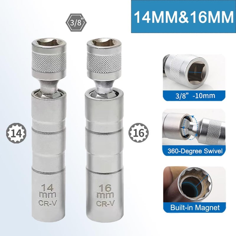 Resze 14mm&16mm （9/16"&5/8"） Magnetic Swivel Spark Plug Socket,Thin Wall 12 Points 3/8" Drive Spark Plug Socket,Car Tools,Magnetic Rotating,360-Degree Swivel,Suitable for Most Motorcycle,Car,SUV - Image 4